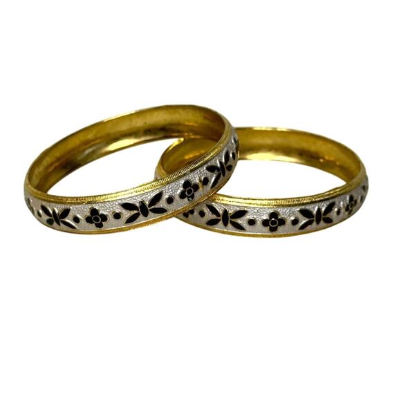 None Jewelry - Set of 2 Vintage Gold Toned & White Bangles with Red Ruby Hand-Painted Design